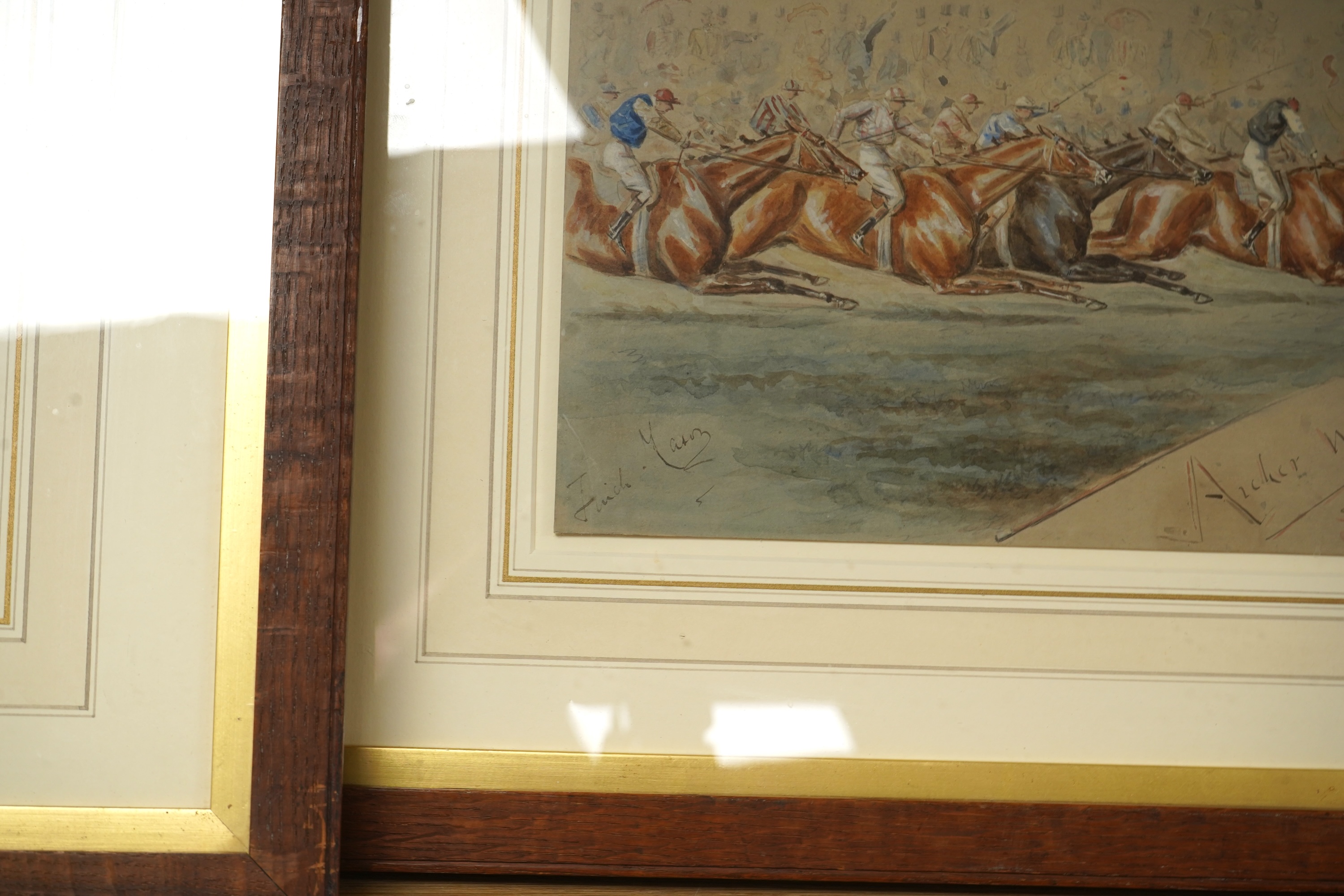 George Finch Mason (1850-1915), ‘Archer Wins!’ and ‘Findham Wins!’, each signed, pair of horse racing interest watercolours, 22 x 27cm together with George Finch Mason (1850-1915), Horse racing scenes, one titled ‘Fordli